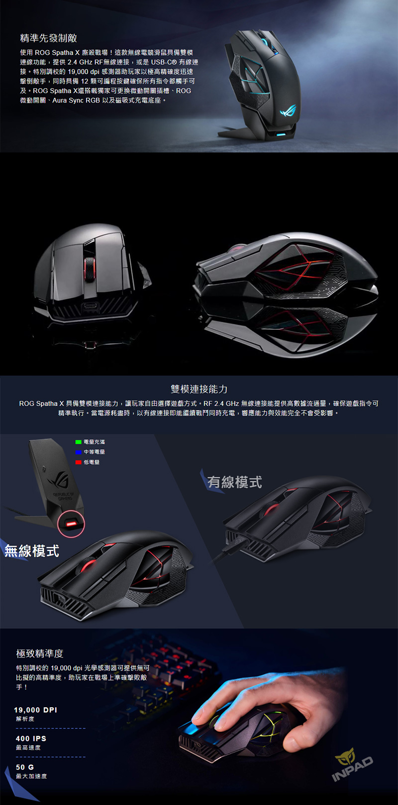 ASUS ROG Spatha X Wireless Gaming Mouse ＆ ROG Scabbard Extra-Large Gaming  Mouse Pad＿並行輸入品 通販